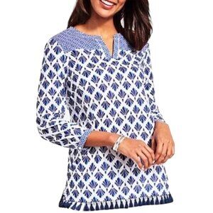 Talbots Woman Fringe Popover Printed Fans Tunic Tassel Hem Cotton